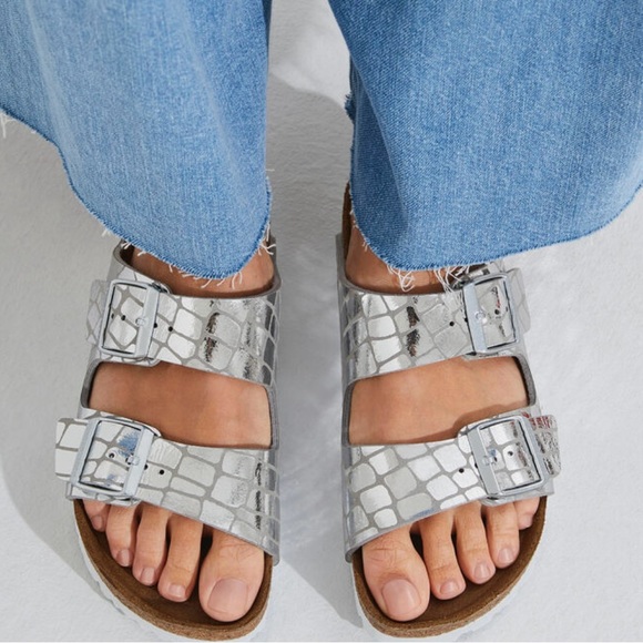 Birkenstock Shoes - Birkenstock Arizona Gator Gleam Two-Strap Comfort Sandals Silver